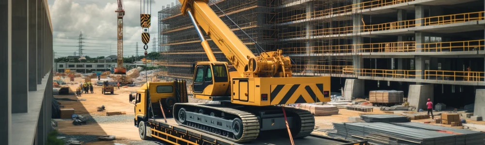 DALL·E 2024-06-11 20.57.51 - A photo of a yellow crane loaded onto the back of a truck, situated at a construction site. The crane is medium-sized, with its arm folded to fit secu